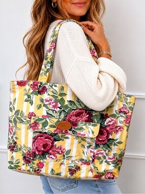 Vintage Gitano Yellow and Pink Floral Stripe Tote Bag